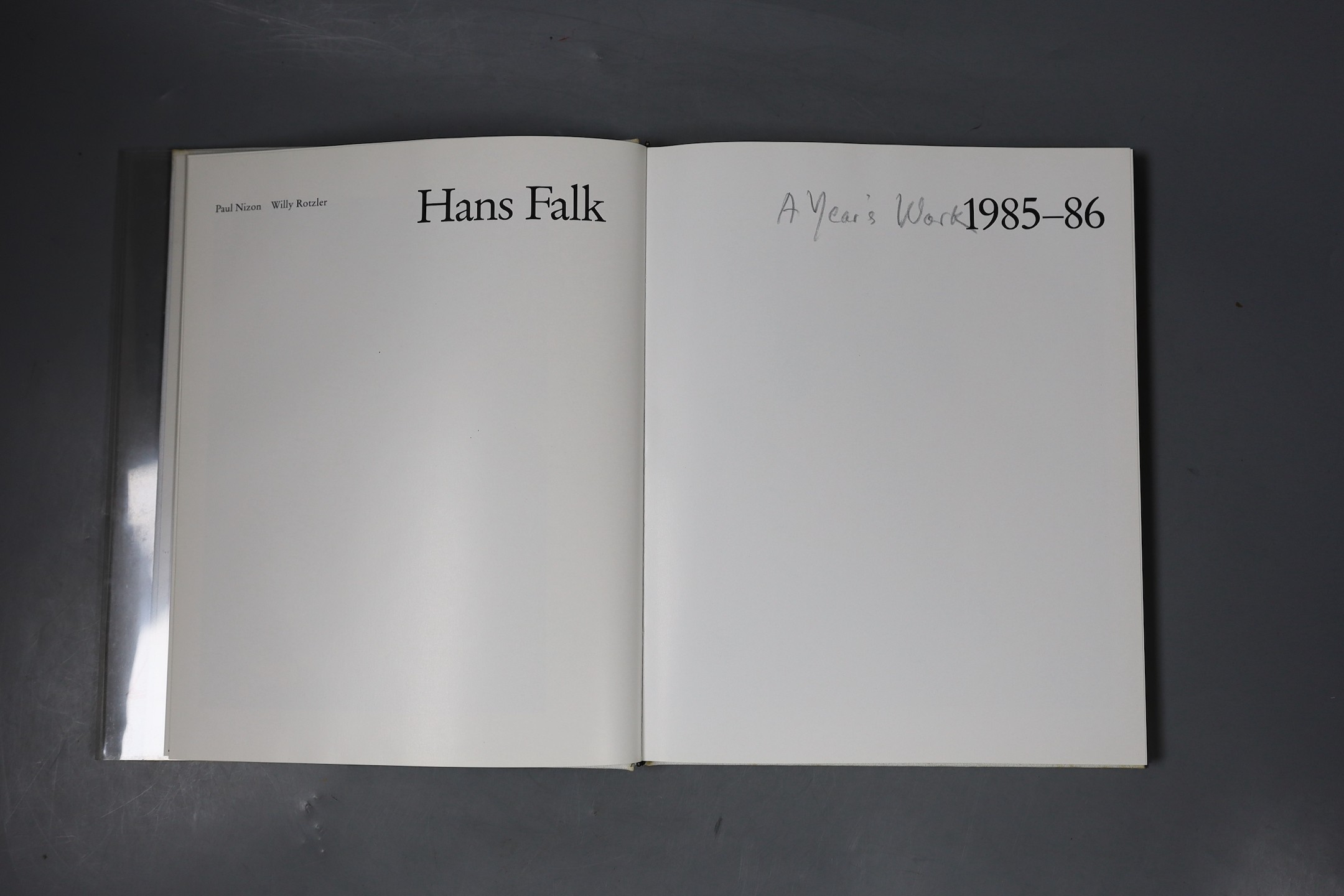 Hans Falk ‘A Year’s Work 1985-86’ catalogue, published by Edition Artefides Luzern in cloth binding with uniquely decorated acrylic dust jacket